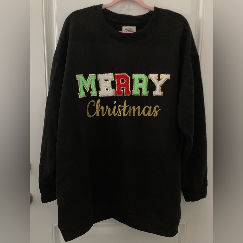 Tees2urDoor Christmas Crewneck Sweatshirt Chenille Patches NEW Black Size 2X